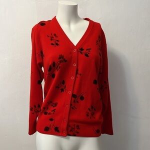 Vintage 80s Hong Kong cherry red black floral blossom button up cardigan sweater
